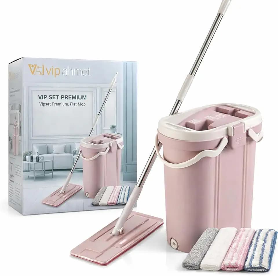 VIP Ahmet Bodenwischer Set mit Eimer zur Trennung von Schmutzwasser - 3-Kammern Flachmop System - 14 Liter mit 4 Ersatzpads aus Mikrofaser für alle Bodenarten VPS-500