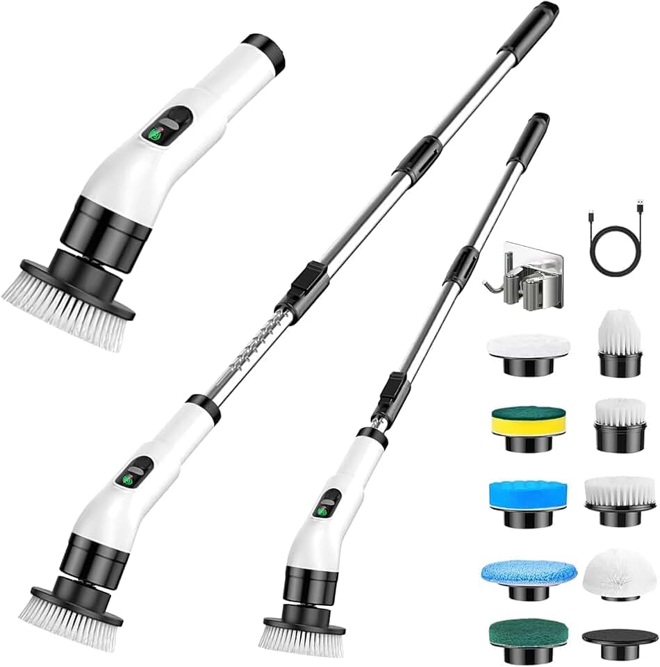 Elektrische Reinigungsbürste, Electric Scrubber Schnurlos Haushalt mit 9 Wechselbürsten, Putzbürste Elektrisch mit Verstellbarem Griff für Bad/Küche/Fliesen/Auto, IPX6-Wasserdichte (Weiß)