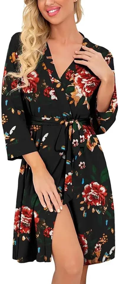 PrinStory Bademantel Für Damen Leichter 3/4 Ärmeln Morgenmantel Kimono Roben Kurz Nachtwäsche