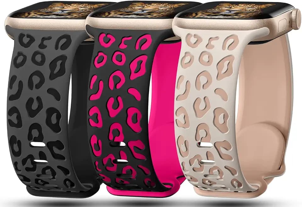 3 Pack Leopard Engraved Bands Compatible with Apple Watch Band 41mm 40mm 38mm 42mm 44mm 45mm 46mm 49mm Women, Soft Silicone Cheetah Embossed Sport Strap for iWatch Series 10 9 8 7 6 5 4 3 2 1 Ultra