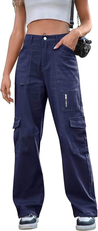 IVIR Cargo Pants Women High Waist Wide Leg Casual Pants with 7 Pockets Stretchy Drawstring Baggy Y2K Trousers