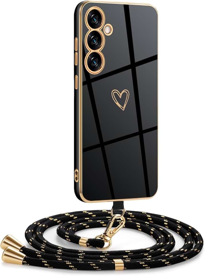 Frauen Mädchen Handykette Kompatibel mit Samsung Galaxy S24 FE - Silikon Hülle mit Band - Handyhülle für Samsung Galaxy S24 FE Herz Love Design Galvanik - Hülle mit Kordel in schwarzes Gold