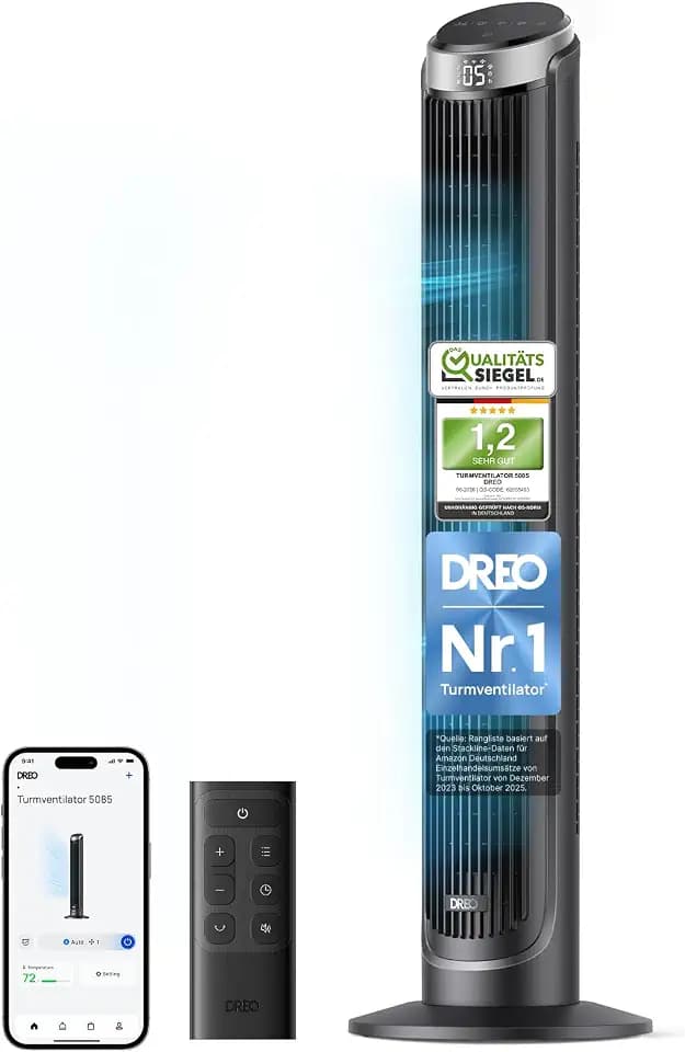 DREO Smart Turmventilator Sehr Leise, 90° Oszillierend Standventilator für Schlafzimmer, 7.9 m/s Windstärke, 5 Stufen, 4 Modi, Touch/Fernbedienung/App & Sprachsteuerung, Alexa, 12H Timer, Silber