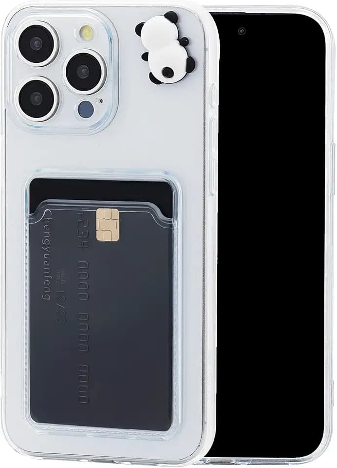 Chengyuanfeng für iPhone 14 Pro Max Hülle mit Kartenfach & 3D-Panda handgeklebt, Ultra-Dünn 1,5mm TPU Transparent Anti-Vergilbung Handyhülle, Kartenhülle Schutzhülle für Studenten, Campus und Mensa