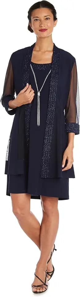 R&M Richards Women's Elegant 2-Piece Shift Dress with Pleated Shimmer Duster Jacket for Mother of the Bride, Cocktail Attire
