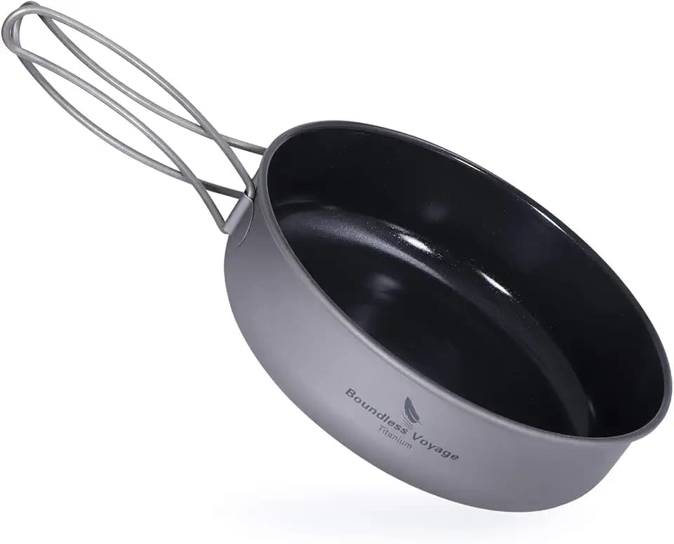 Boundless Voyage Titan Bratpfanne Teller Schale mit Klappgriff Ultra-leichtes Camping Picknick Pfanne Grillplatte Geschirr Titan Antihaftpfanne Ti2062C (klein)