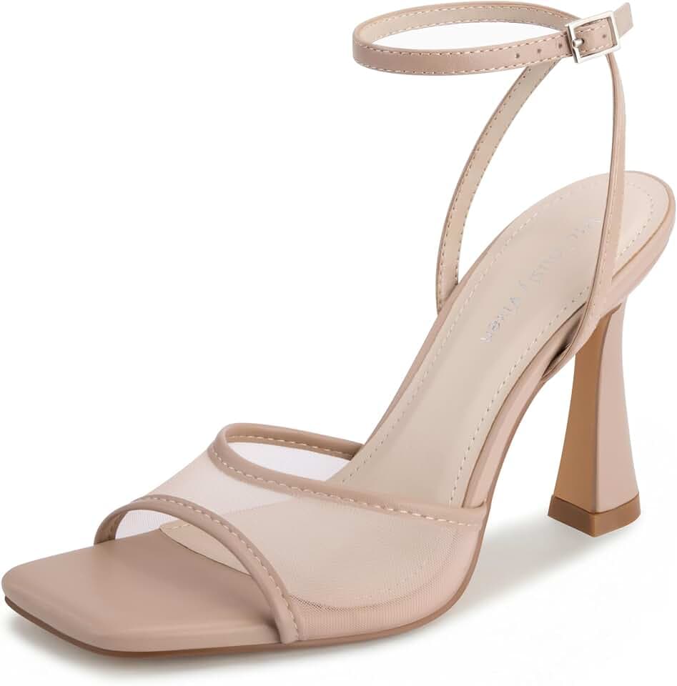 Strappy Kitten Heels for Women Square Open Toe Stiletto Mesh Heeled Sandals with Ankle Strap Wedding Party Dress Shoes