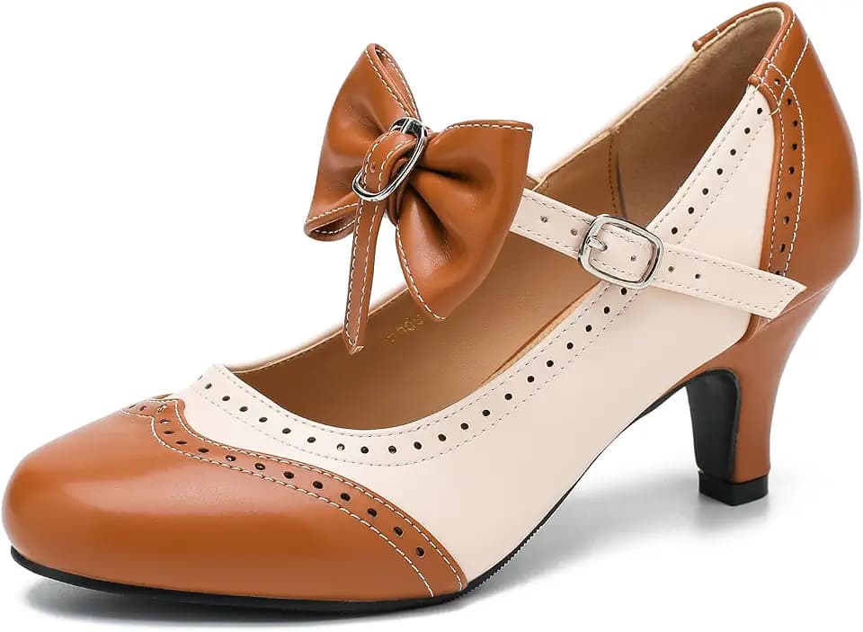 LIURUIJIA Women's Mary Jane Heels Vintage Two Tone Bow Pumps Round Toe Kitten Heel Dress Shoes for Wedding Tea Party Date Night