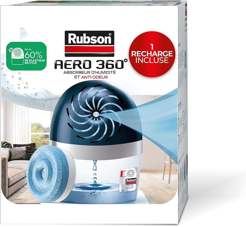 Rubson AERO 360° Luftentfeuchter für Räume von 20 m², effektiver Luftentfeuchter, geruchs- & schimmelresistent, inklusive 1 neutraler Nachfüllpackung 450 g – verstärkte Verpackung, sicherer Versand