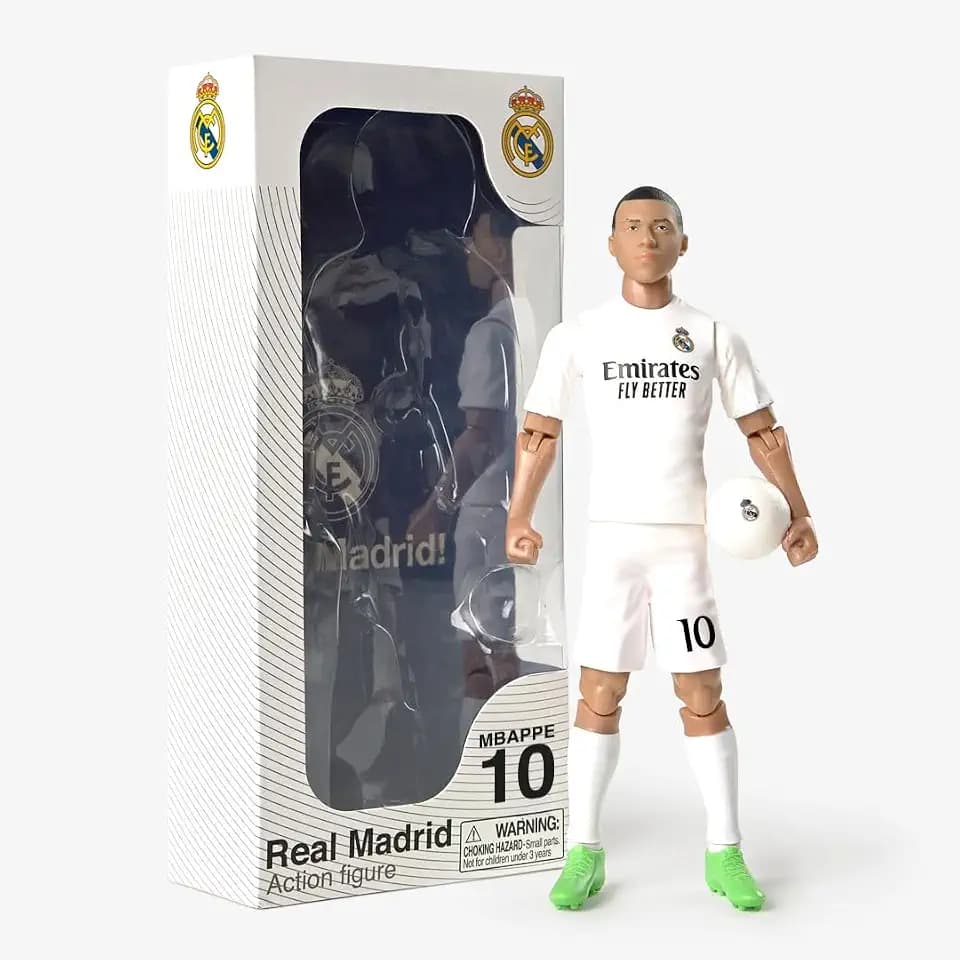Megableu - Fußballfigur – 20 cm – große Fußballfigur realistisch & beweglich – offizielles Lizenzprodukt – 10 Gelenkpunkte – Fußball Real Madrid – Geschenkidee für Fans Kylian Mbappé