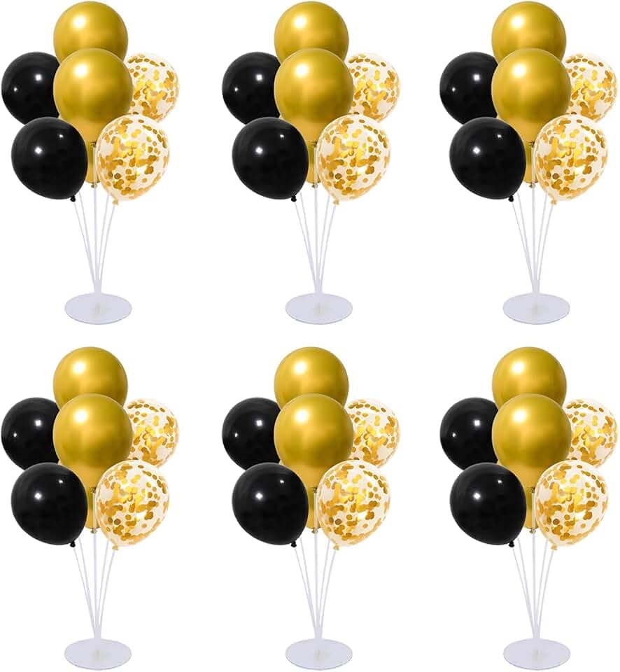 6 Set Balloon Stand Kit for Table Centerpieces With Balloon and Base Party Decorations for Birthday Wedding Retirement Graduation Baby Shower (Black Gold)