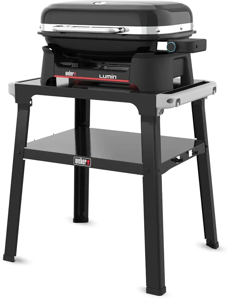 Weber Lumin Elektrogrill mit Stand/Bis zu 315 °C, mit Deckelthermometer, Porzellanemaillierte Gusseisenroste, 33 x 49 cm Grillfläche, Schwarz (92010879)