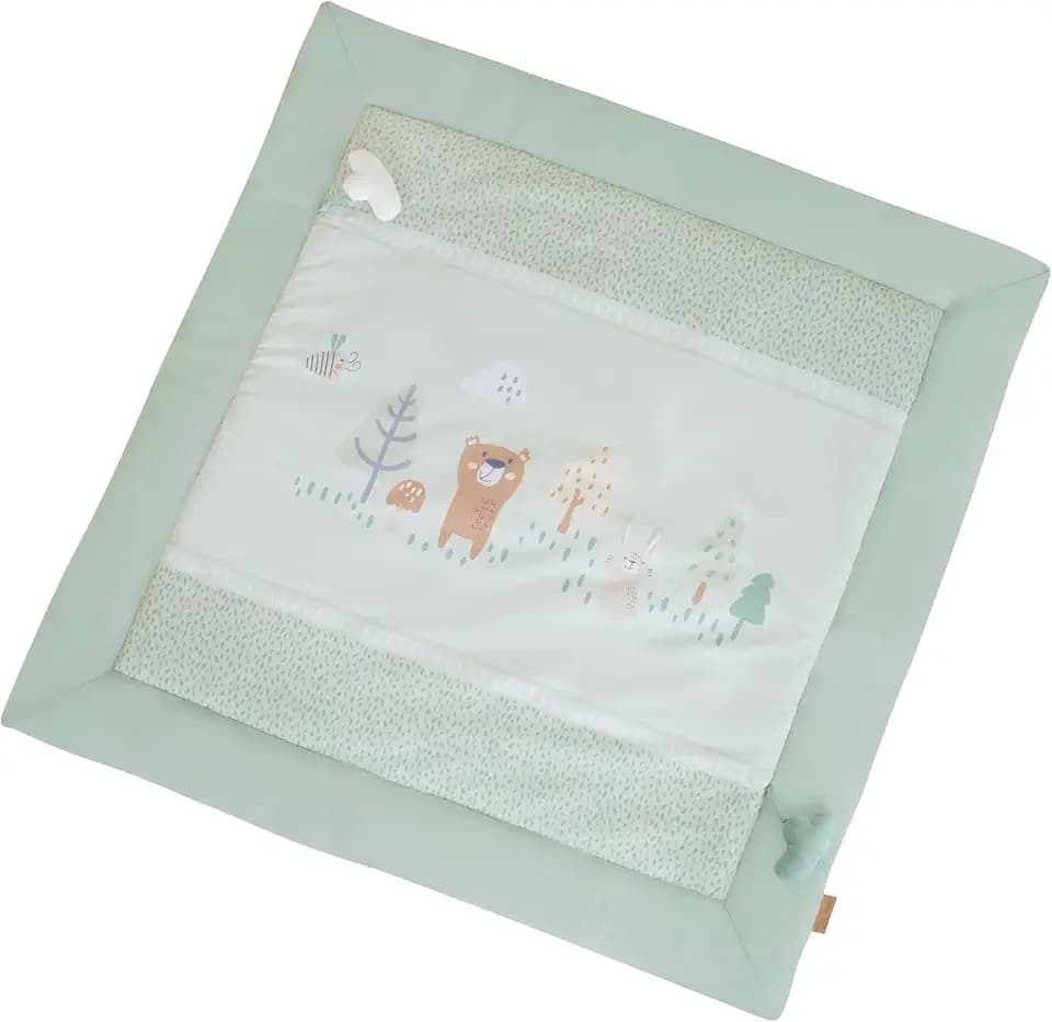 roba Krabbeldecke Woodland Buddies 100 x 100 cm – gepolsterte Spielmatte ab Geburt – Oberseite aus 100% Baumwolle – Tier-Design – Pastellgrün