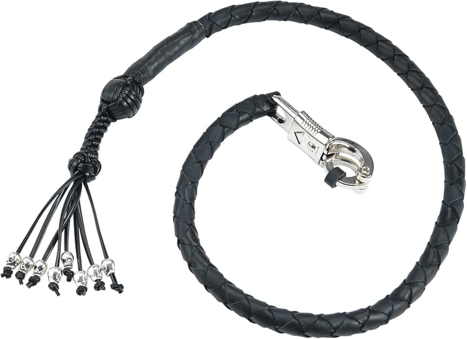 Dream Apparel 36" Motorcycle Get Back Whip Genuine Leather Biker Whip for Handlebar, Motorcycle Whip with Fringes and Skulls, Black