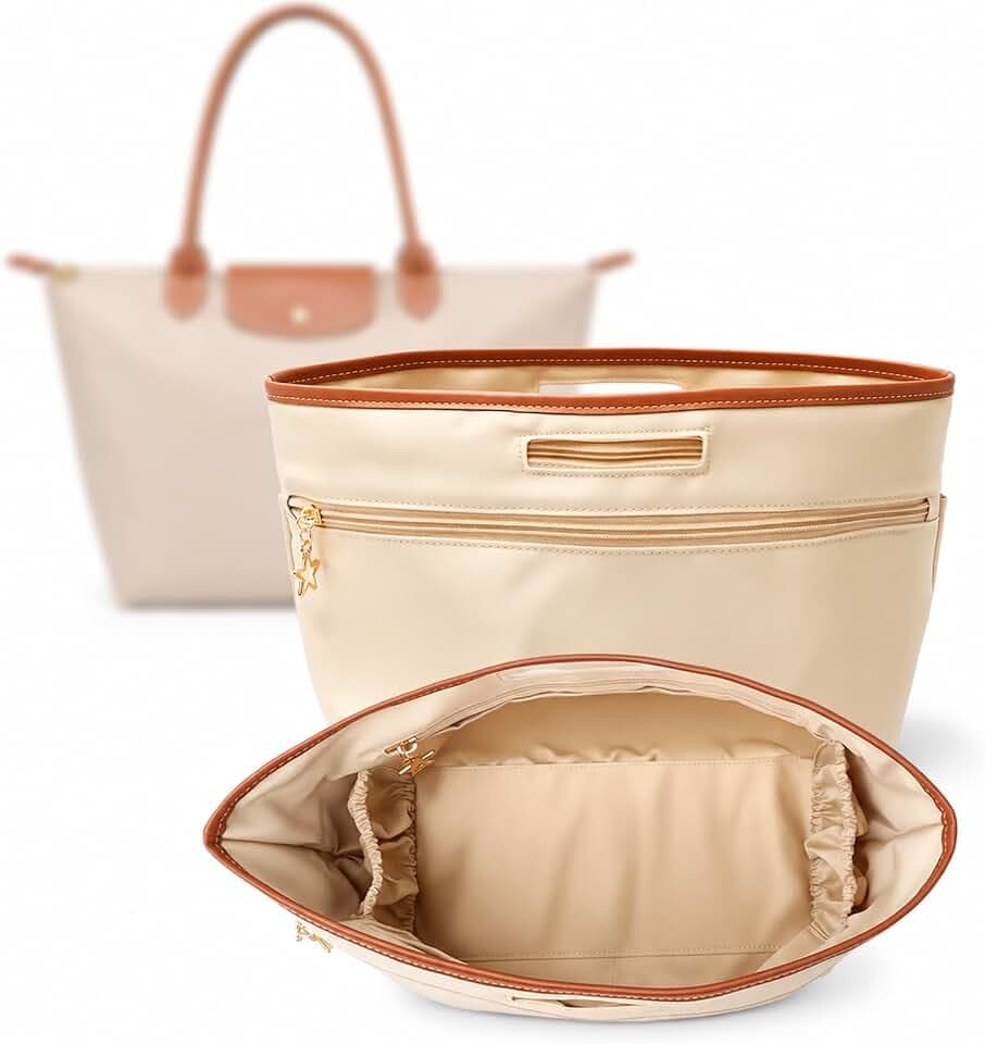 Taschen Organizer für Longchamp Le Pliage, Seidenmaterial Taschenorganizer mit Griff und Getränkehalter, Multi-Pocket Handtasche Innentasche Folding Tote Bag Organizer Insert (Beige, L)