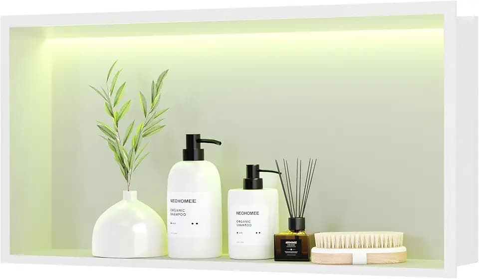 Wandnische Dusche Edelstahl mit RGB LED-Licht, Eingebettete Duschnische Weiß Einzelregal Lagerung mit Fernsteuerung für Badezimmer, 60 x 30 cm