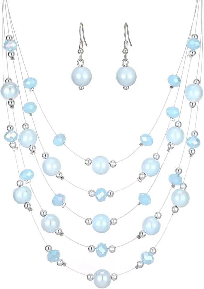 Crystal Beaded Statement Necklace for Women Boho Colorful Multi-Strand Necklace and Earring Sets for Women Fashion Jewelry Gifts for Mom