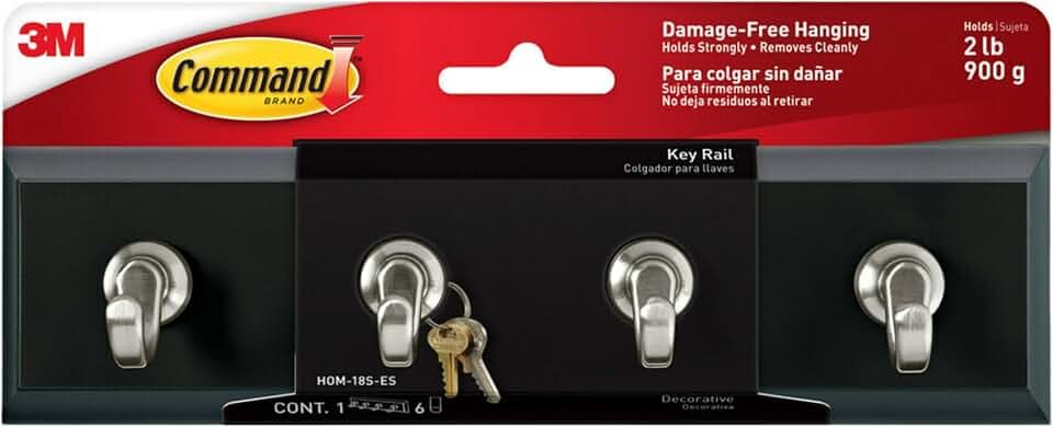 Command Key Rail, 8-inch Rail with 4 Key Hooks and 6 Strips, Quartz, Removable Key Hooks for Dorm Room Entryway or Hallway, Hang Keys, Hats, Dog Leashes, and Accessories, Holds up to 2 lb