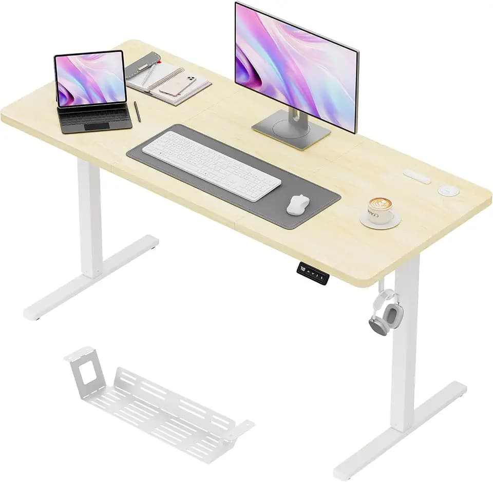 JUMMICO Elektrisch Höhenverstellbarer Schreibtisch 140 x 60 cm, Schreibtisch Höhenverstellbar mit 2 Memory-Funktion, Steh-Sitz Bürotisch, Computertisch mit Kabelmanagement Box, Beige
