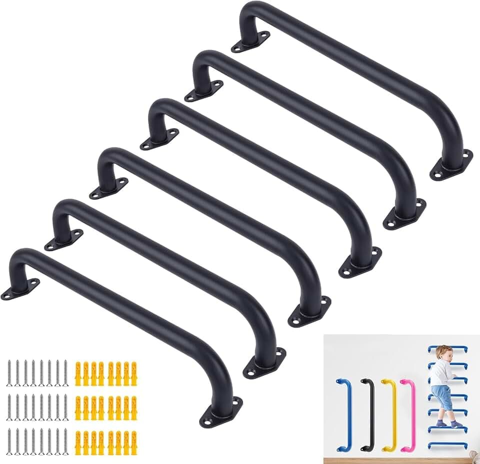 BiJun 43,2 cm schwarze Metall-Spielplatzgriffe (6er-Set) robuste Deckengriffe für Indoor-Spielplätze, Klettergerüst, Affenstangen und Wandleitern; matte Textur, Sicherheitsgriff, unterstützt das
