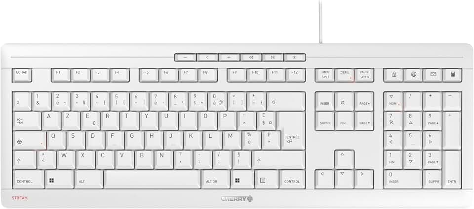 CHERRY Stream Keyboard, Kabelgebundene Tastatur, Französisches Layout (AZERTY), Leiser Tastenanschlag, Einzigartiges Tippgefühl, Flaches Design, Weiß-Grau