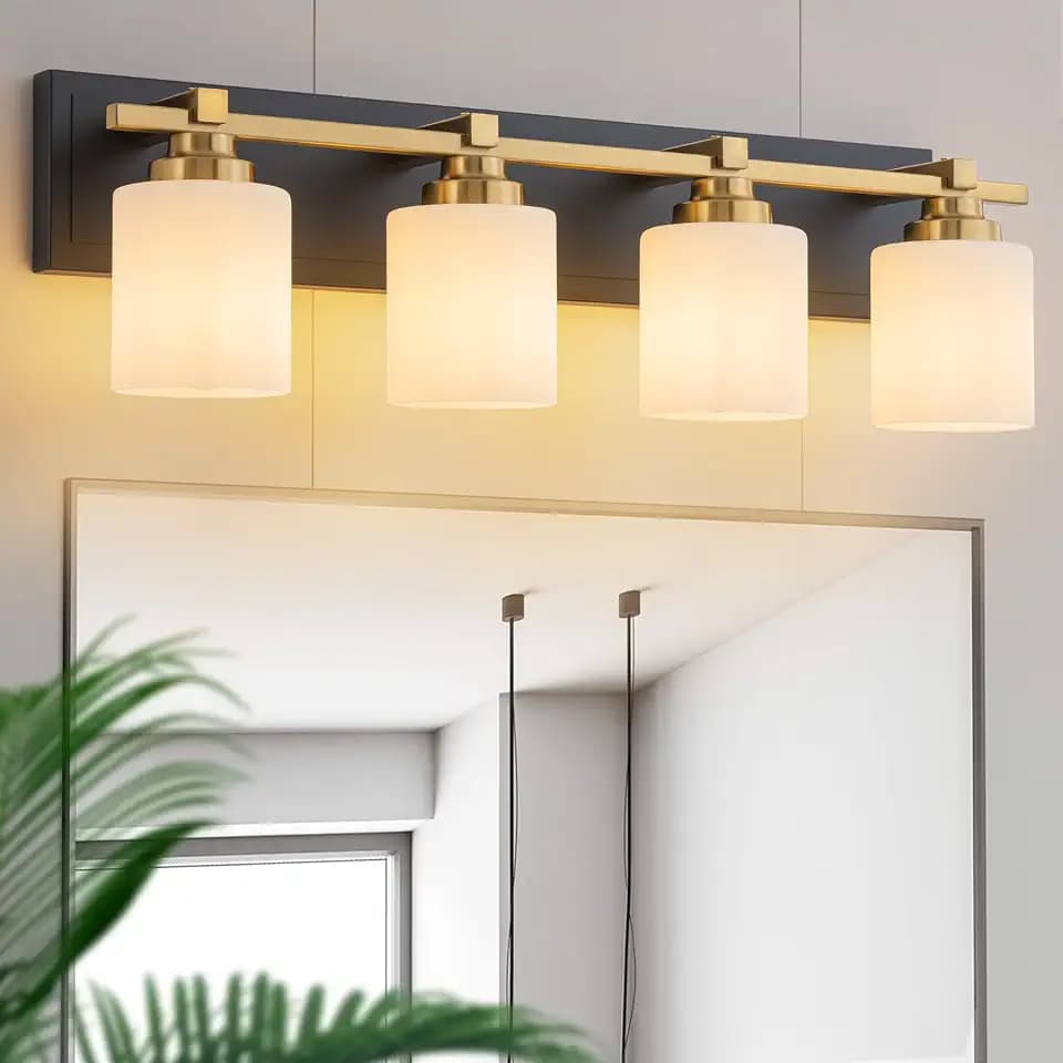 Modern Bathroom Light Fixtures Over Mirror, Vanity Lights for Bathroom Wall Sconces with Milky White Glass Shades, E26 Socket (Bulbs Not Included), 4 Light, Black Gold