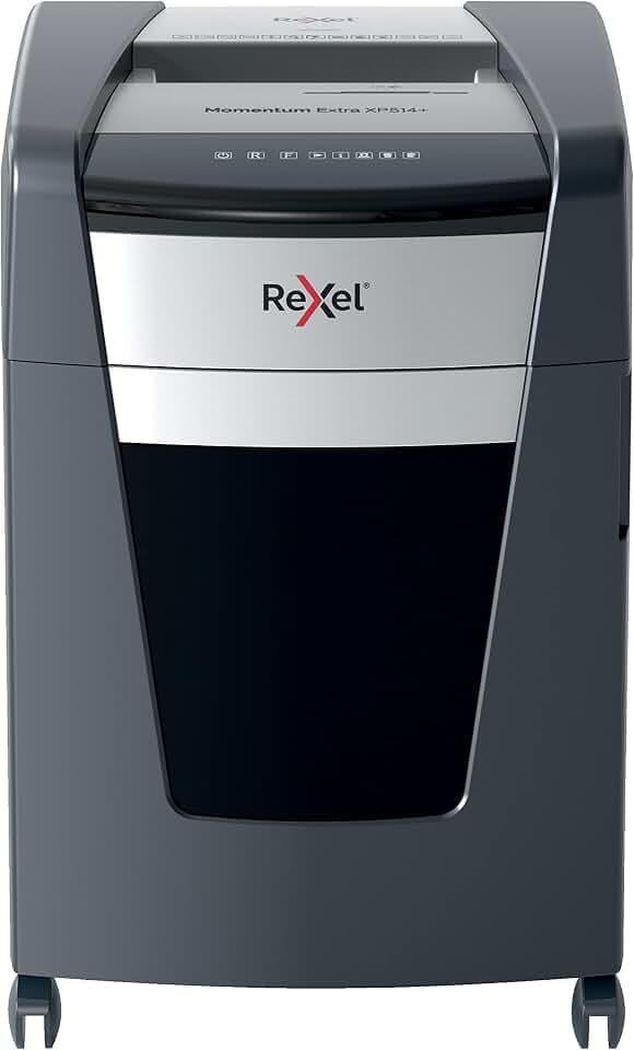 Rexel Aktenvernichter Momentum Extra XP514+, Mikroschnitt, 15-14 Blatt A4 (70-80 g/m²) Kapazität, Sicherheitsstufe P5, Anti-Papierstau-Technologie, 60L Abfallbehälter, Schredder, schwarz, 2021514MEU
