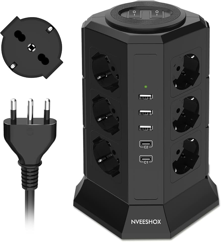 NVEESHOX Vertikale Steckdosenleiste mit 12 Schuko Universal Steckdosen (4000W 10/16A) & 2 USB-C (20W PD3.0) & 3 USB-A, Vertikaler Überspannungsschutz mit Schalter, 2 M Kabel (Schwarz)