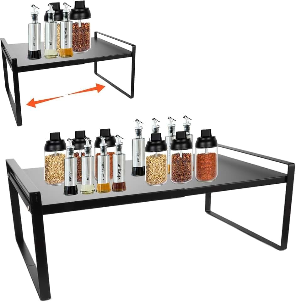 Erweiterbar Küchenregal Organizer 35-65cm Schrankregal Schwarz Küchenschrank Regal Faltbares Lagerregal aus Metall Stapelbarer Gewürzregal für Geschirr und Vorräte mehr Abstellfläche, Speisekammer