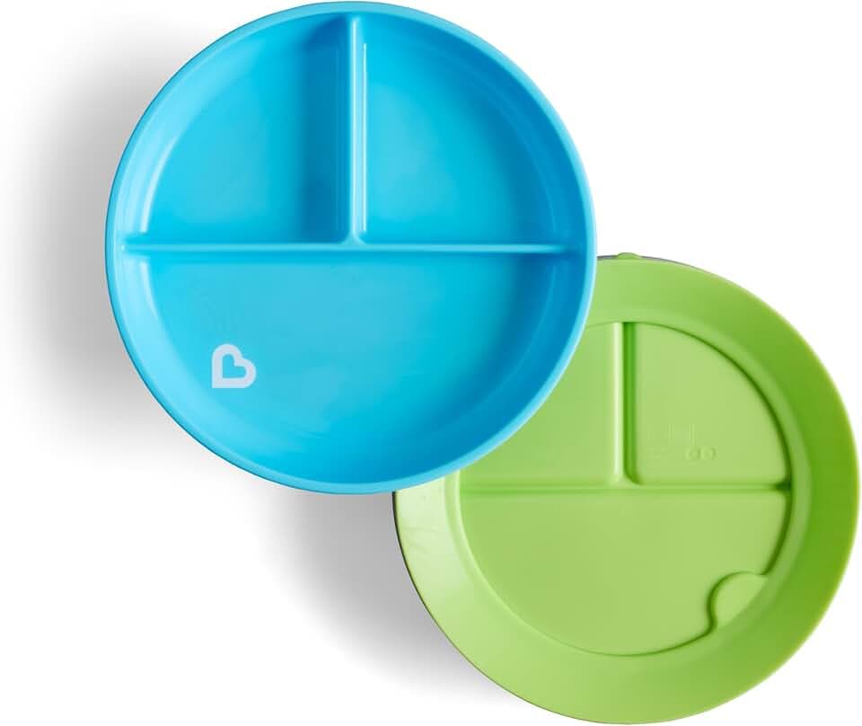 Munchkin Stay Put Unterteilte Teller | Set mit unterteilten Tellern für Kinder | Saugfuß-Teller für Babys ab 6 Monaten | 2er-Pack | Blau/Grün