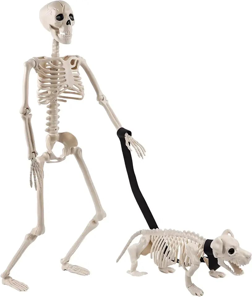 KIMOBER Walking Skeleton Dog Halloween Decoration, 3 Ft Human Skull Figure with 39-Inch Rope Leash, ABS Plastic Indoor Outdoor Halloween Props for Yard, Porch, Party, Haunted House Display