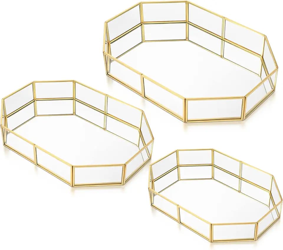 Jetec 3 Pieces Mirror Glass Vanity Tray Gold Ornate Makeup Tray