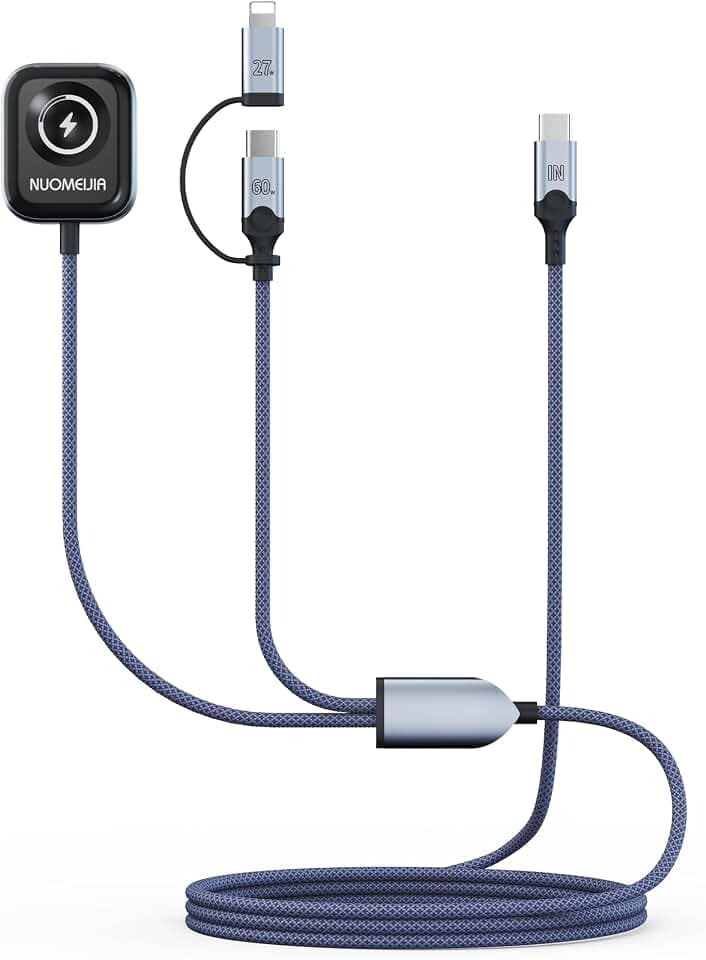 3-in-1 Charging Cable for Apple Watch, 60W PD Fast Charging for iPhone, iPad, Airpods,and MacBook, Optimized 5W Magnetic Watch Charger, Braided Nylon Cord,4FT, Black
