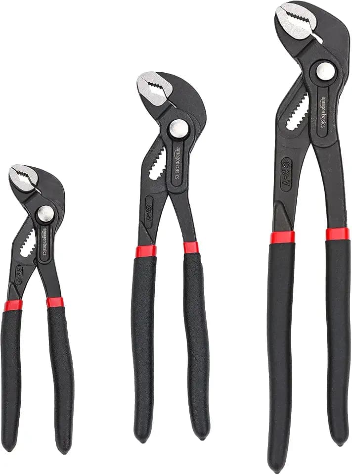 Amazon Basics 3-Piece Quick Release Groove Joint Pliers Set, Drop Forged Chrome Vanadium Steel with Comfortable Rubber Grip, Adjustable, 7-inch, 10-inch, and 12-inch, Black