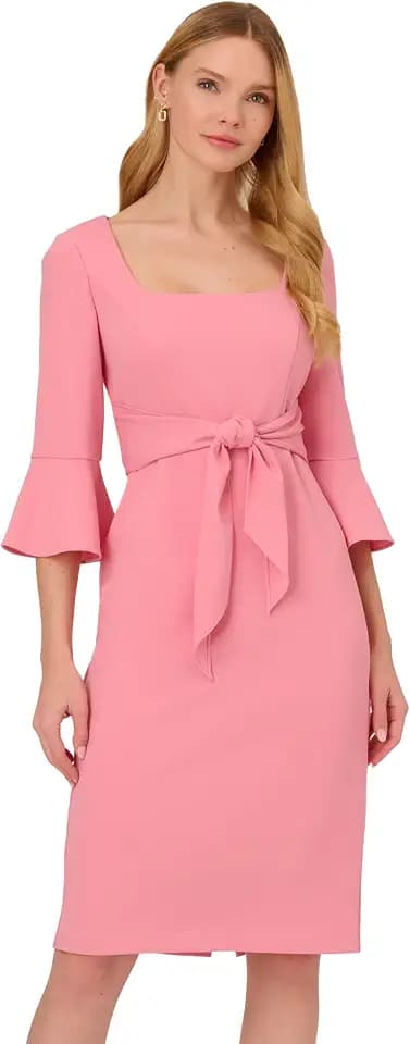 Adrianna Papell Stretch Crepe Bell Sleeve Dress with Scoop Neck & Tie Front