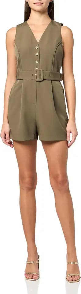 BCBG womens Sleeveless V-neck Button Front Belted Romper