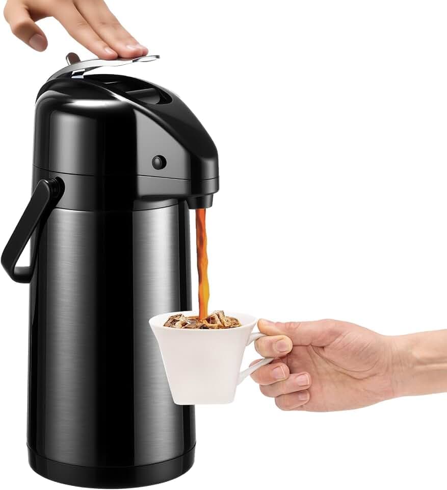 PARACITY Airpot Kaffeekaraffe, 2,5l 316 Edelstahl Schwarz Isolierkanne | 6-lagige Isolierung, Doppelpumphebel, drehbarer Sockel, mit Reinigungsbürsten, 24h warm 36h kalt, Restaurant Büro Party