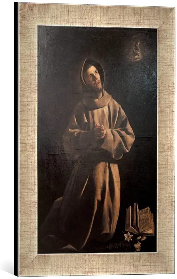 Gerahmtes Bild von Francisco Zurbaran Der Heilige Antonius von Padua betet das Jesukind an, Kunstdruck im hochwertigen handgefertigten Bilder-Rahmen, 30x40 cm, Silber Raya
