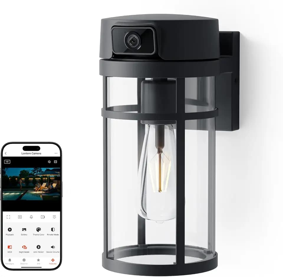 Outdoor Veranda Lichtkamera, 2K Wi-Fi Sicherheitskamera mit AI-Menschenerkennung, Pan & Tilt, Dämmerung bis Morgendämmerung, 2-Wege-Audio, Cloud/SD-Speicher, Wandlaterne Sconce Kamera für