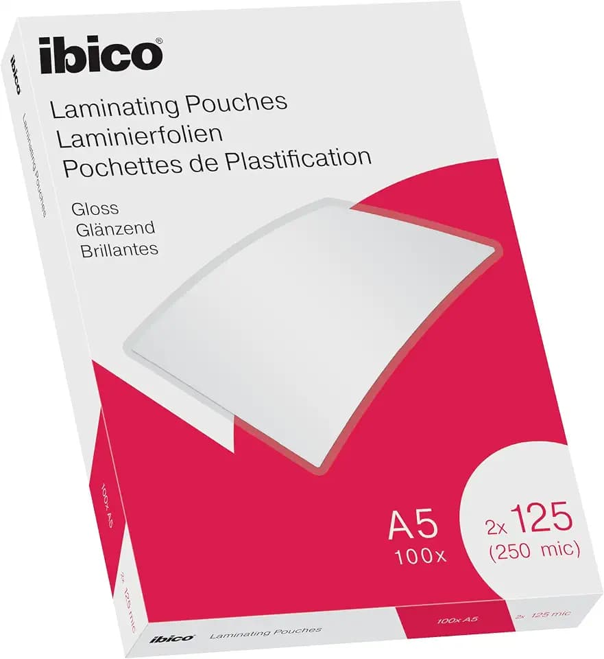 Ibico Laminierfolien A5 250 Mikron (2 x 125 mic), 100 Stück, Glänzende Heißlaminierfolien, Abgerundete Ecken, Ideal für Büro oder Schule, Transparent, Kristallklar, 627315