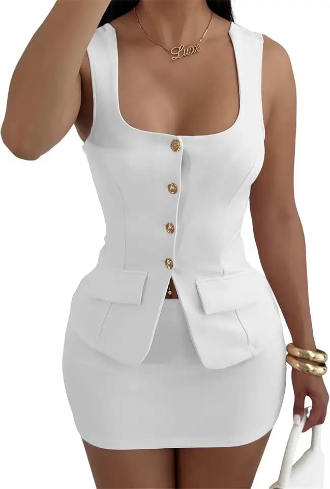 Women's 2 Piece Blazer Vest and Mini Skirt Set Button Front Suit Outfit