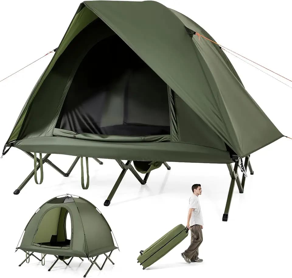 FANTASK Feldbett mit Zelt 2 Personen, Camping-Ausrüstung mit Regenschutz, 2 Netztüren, Dachfenster & Rolltasche, Outdoor-fähige Unterkunftsbett, bis 300 kg, 194 x 145 x 150 cm