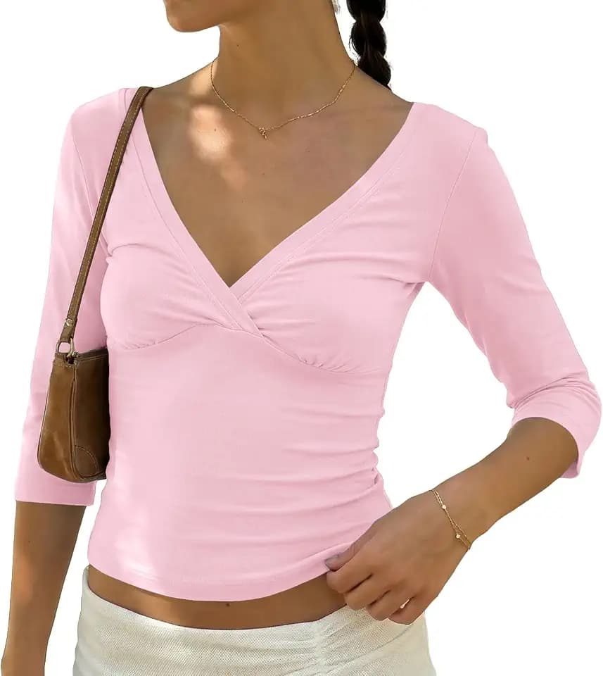 BAIGRAM Womens 3/4 Half Sleeve Deep V Wrap Neck Ruched Crop Tops Open Back Tshirt Y2k Vintage Minimalist Slim Fit Tee Summer