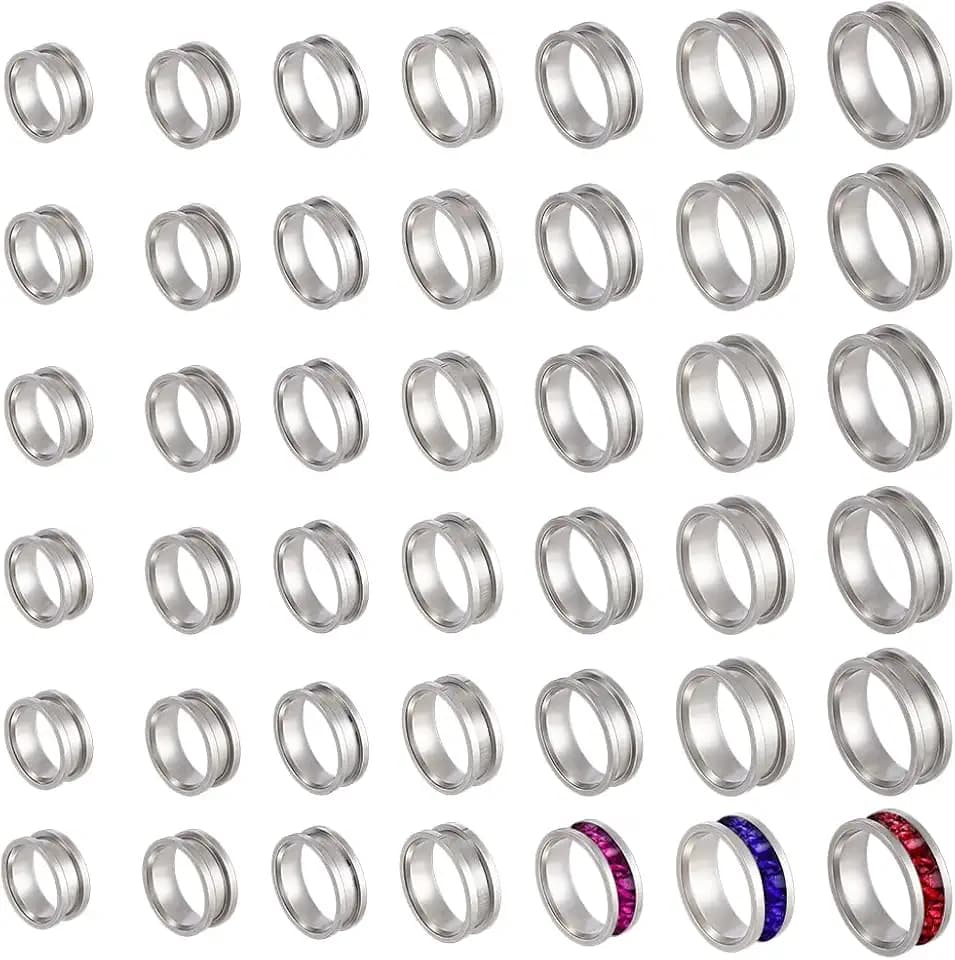 PLIGREAT 42 Stück Edelstahl Ringrohlinge 7 Größe Silberner Rohling Für Fingerringe US Größe 6/7/8/9/10/11/12 8mm Gerillter Kern Runde Leere Ringe Für Schmuckherstellungssets DIY Bastelbedarf