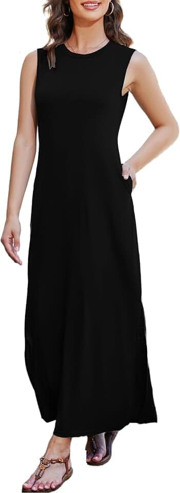 LUYANA Lässiges Damen-Sommerkleid, Maxikleid, ärmellos, langes Kleid mit Taschen