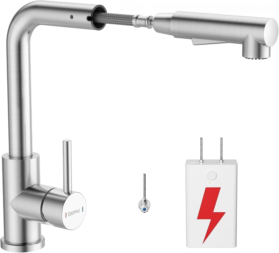 DAYONE Niederdruck Wasserhahn Küche mit Brause Ausziehbar, Küchenarmatur mit 3 Anschlüssen für Boiler, 360° Drehbar Mischbatterie Küche Zwei Wasserstrahlarten, Spültischarmatur Edelstahl Gebürstetes