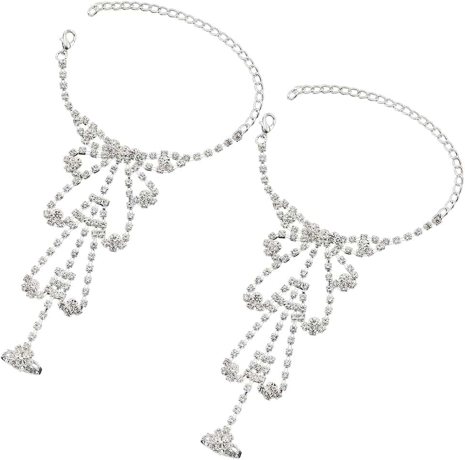 CREATCABIN 2Stück Glitzernde Fingerlose Strasshandschuhe Mit Kette Blumentyp Verstellbare Brauthandkette Schmuckzubehör Silbernes Armband Ring Integrierte Kette Für Frauen Hochzeit Abschlussball Party