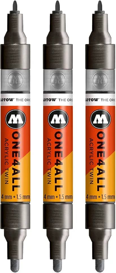 Molotow One4All Acrylic Twin Marker (Strichstärke 1.5 mm und 4 mm, hochdeckend und permanent) 3 Stück Farbe 223 metallic schwarz
