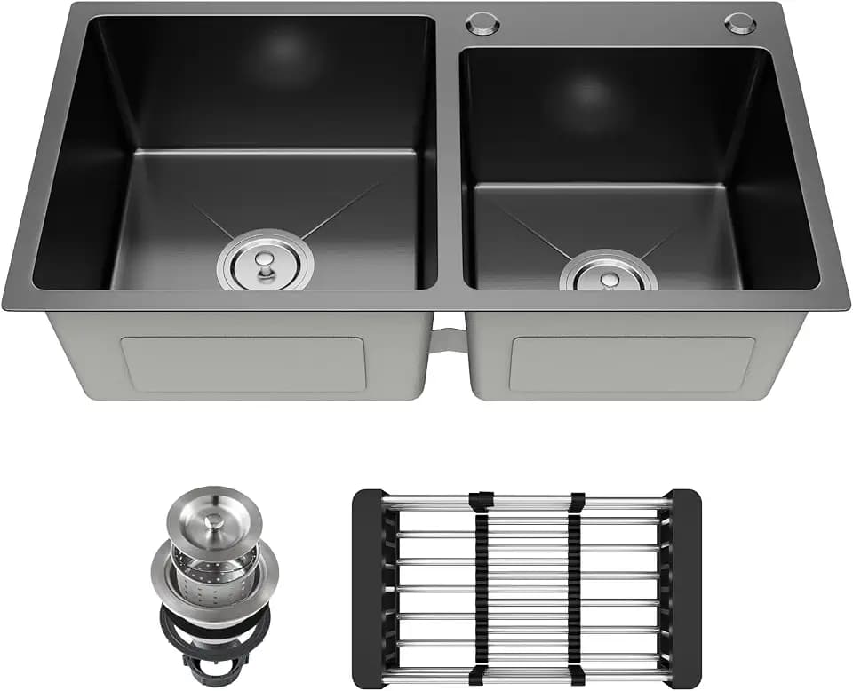 30-inch Black Kitchen Sink, Double Bowl Drop-in/Top-Mount 304 Stainless Steel with Nano Coating, Includes Drain Assembly & Fruit Basket for Modern Kitchen (30.7" x 16.9")