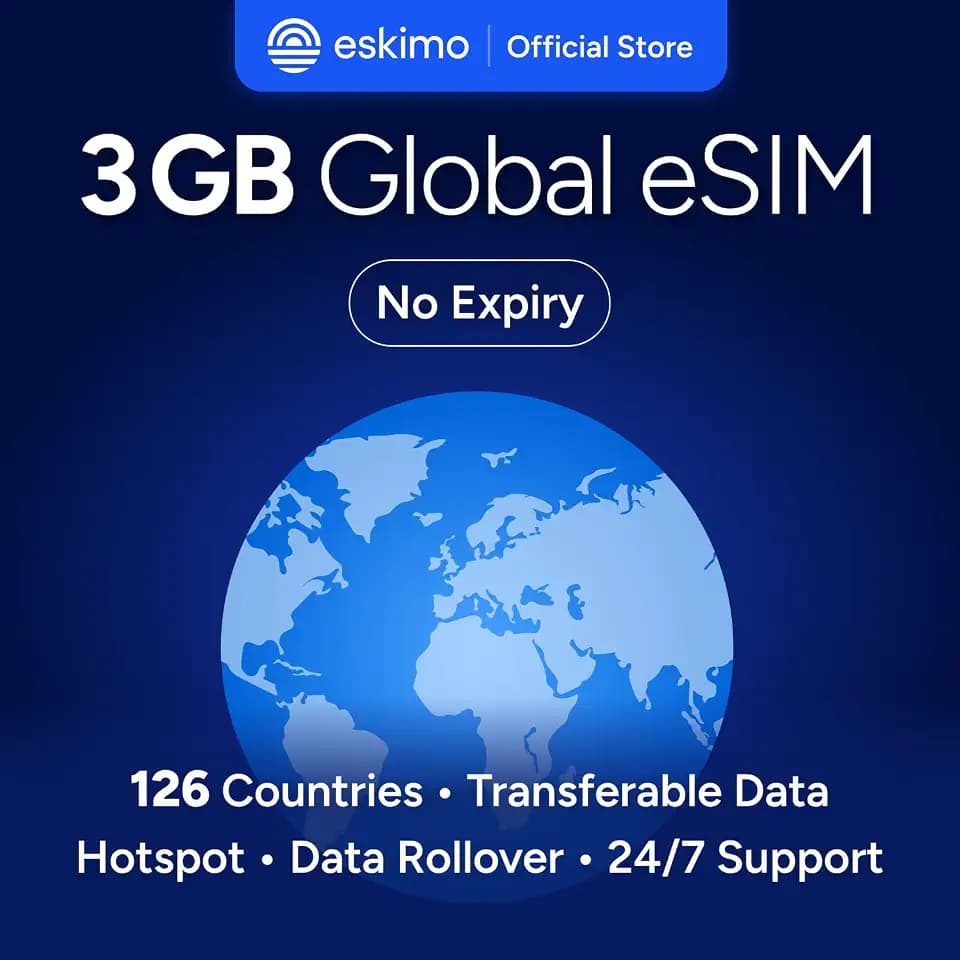 Eskimo Global 1-30GB International Travel eSIM | No Data Expiry | 5G High Speed Data (3GB) | Across 126 Countries Worldwide